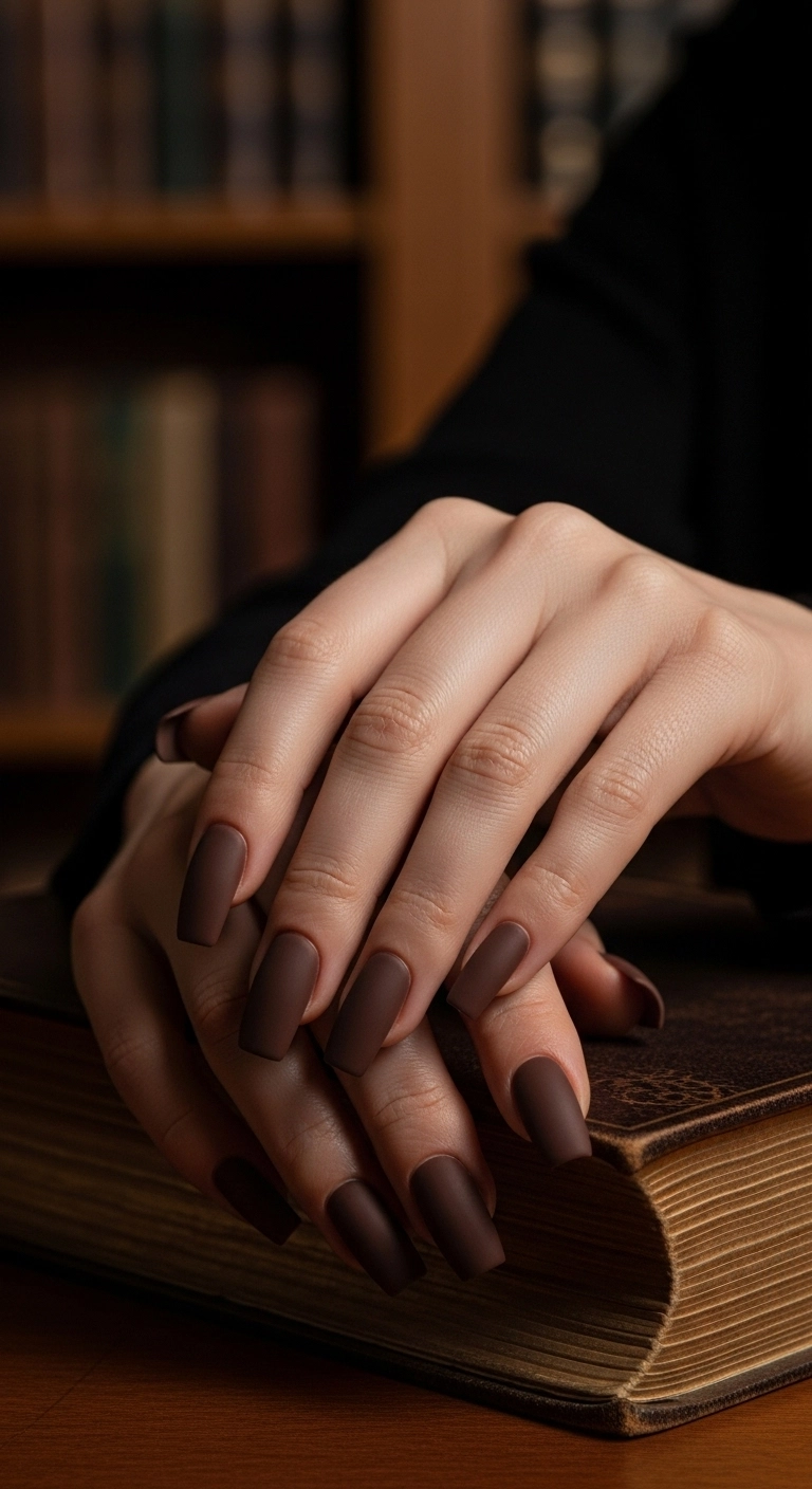 Woman's hands with matte mocha brown nails resting on a leather-bound book.