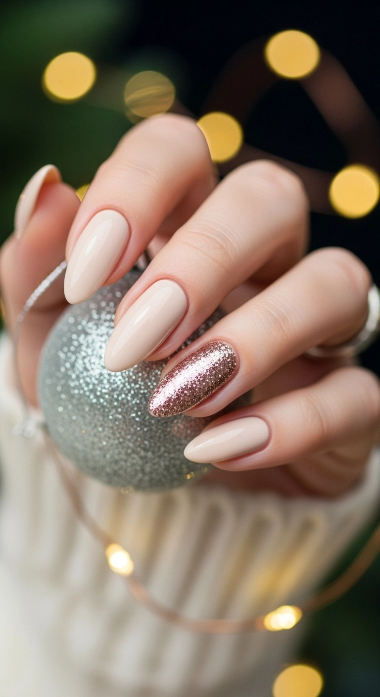 Woman's hand with beige nails and a rose gold glitter accent nail holding an ornament.