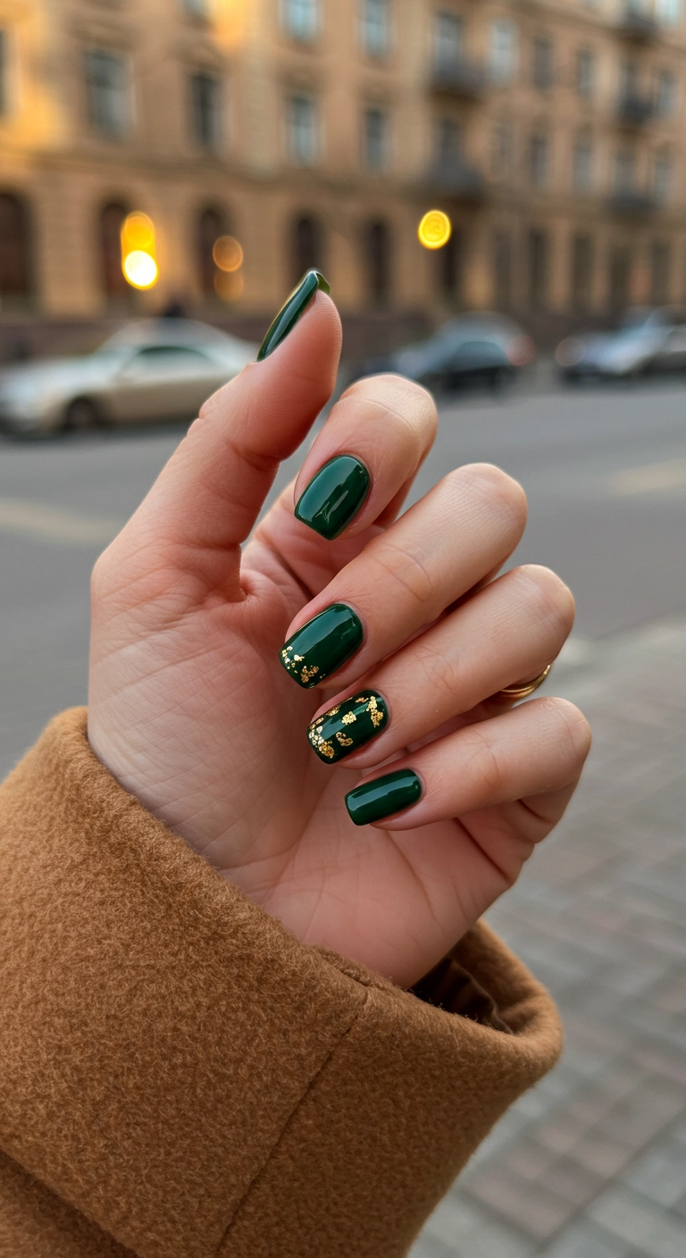 Glossy forest green nails with gold flakes scattered near the cuticles.