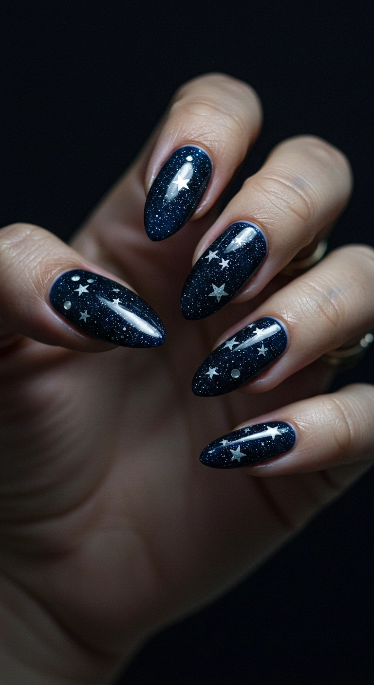 Shimmering dark blue nails decorated with tiny silver stars to look like a night sky.