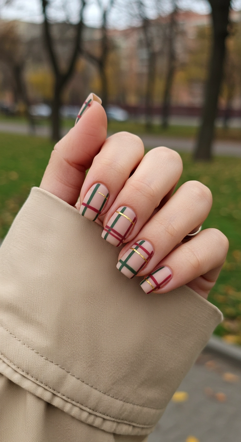 Nails with a matte finish featuring a classic fall plaid pattern in beige, red, and green.