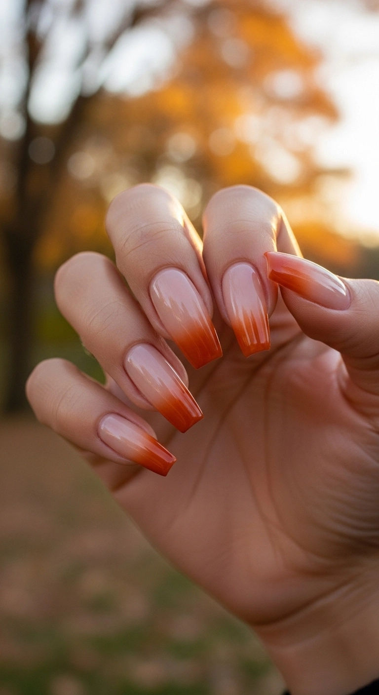 Coffin-shaped nails with a glossy ombré effect from nude to burnt orange.