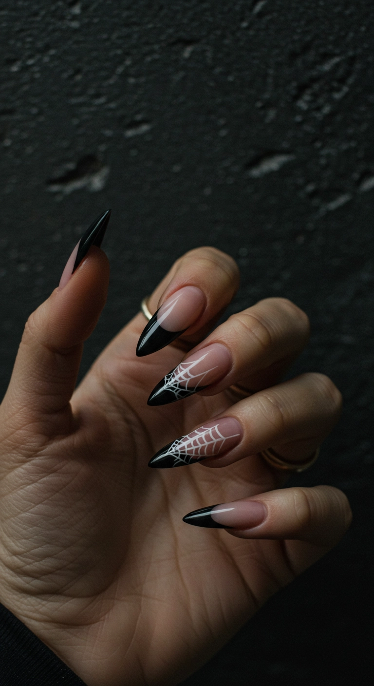 Black French tips on stiletto nails with a delicate spiderweb accent.