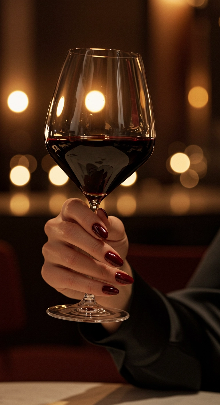 A hand with glossy, deep cranberry red nails holding a glass of red wine.