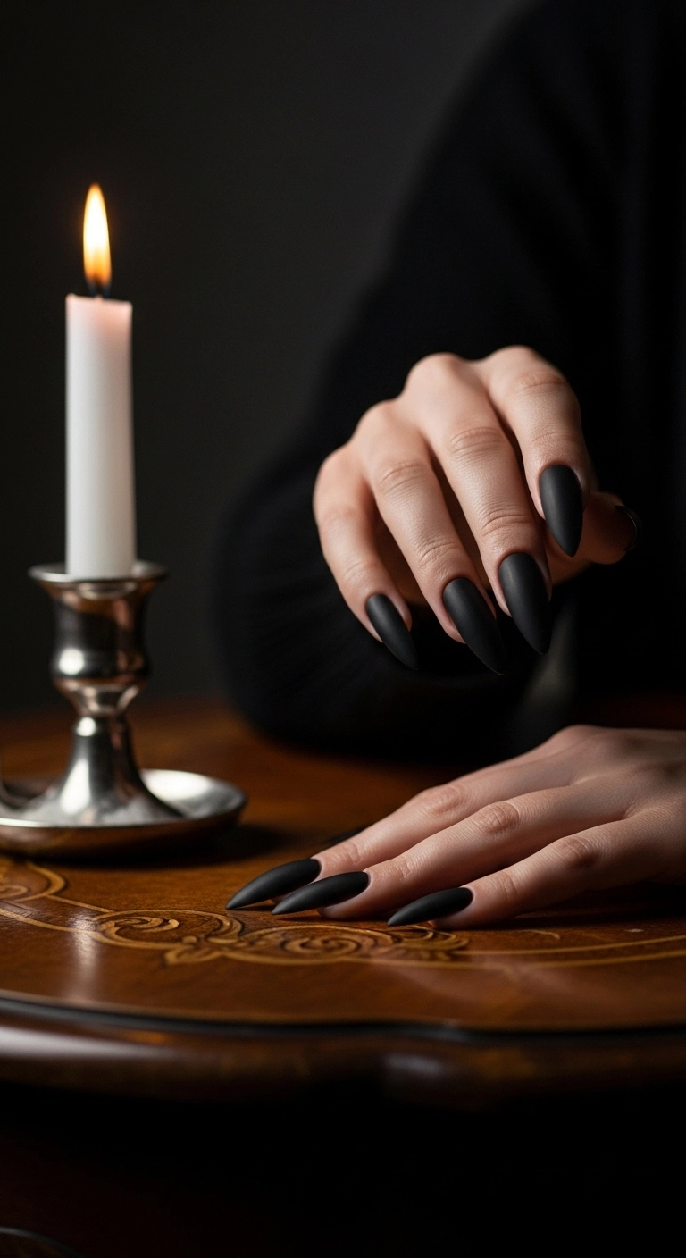 Long, stiletto-shaped nails painted in a sophisticated matte black.