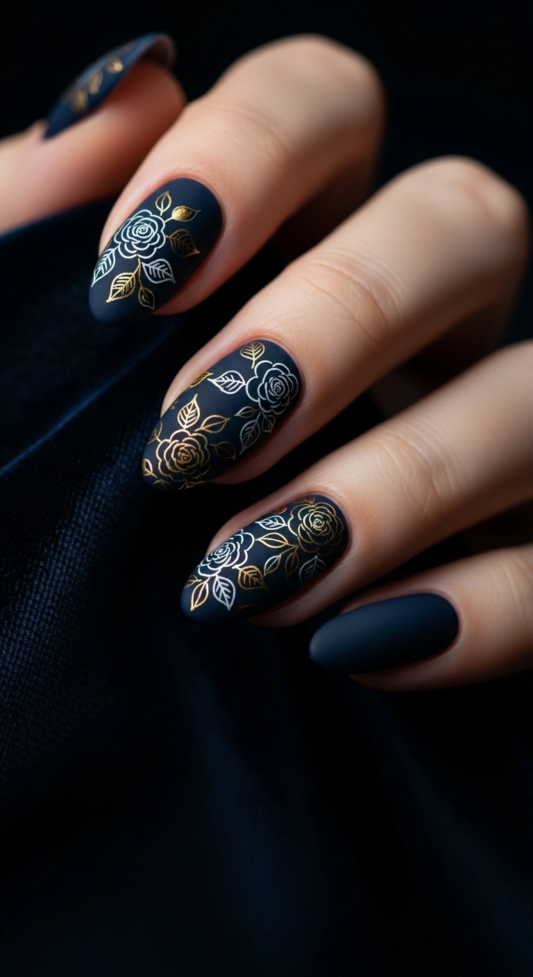 Dark navy blue matte nails adorned with delicate metallic gold floral patterns.