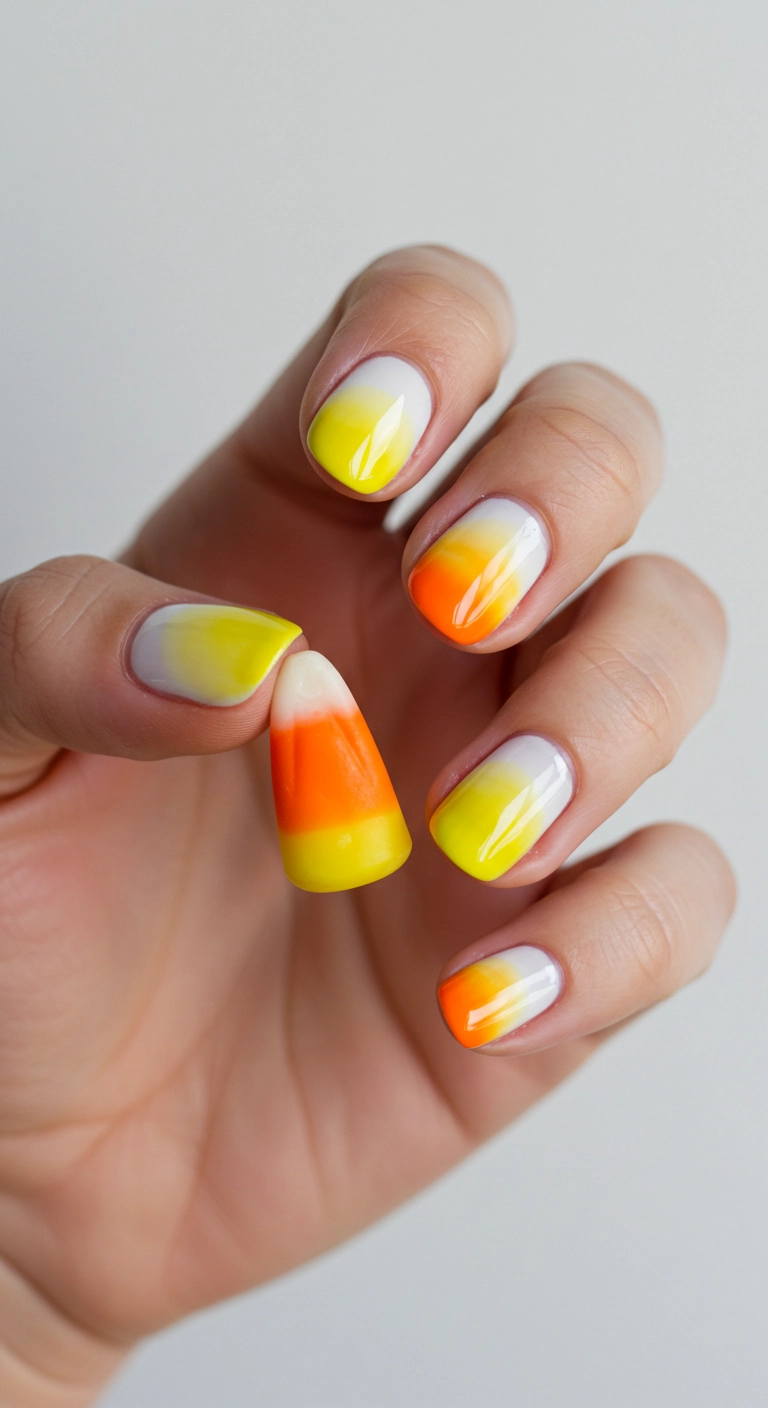 Nails with a glossy gradient of white, yellow, and orange, inspired by candy corn.