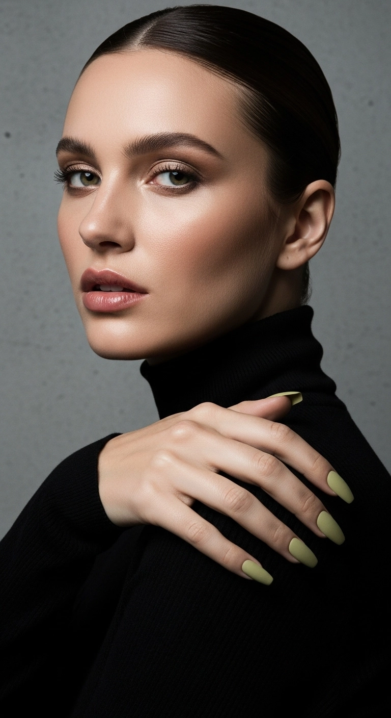 Long, matte coffin-shaped nails in a muted olive green color.