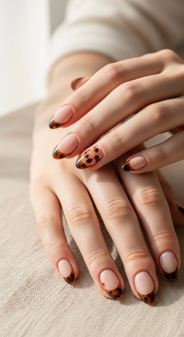 A modern French manicure with tortoiseshell patterned tips.
