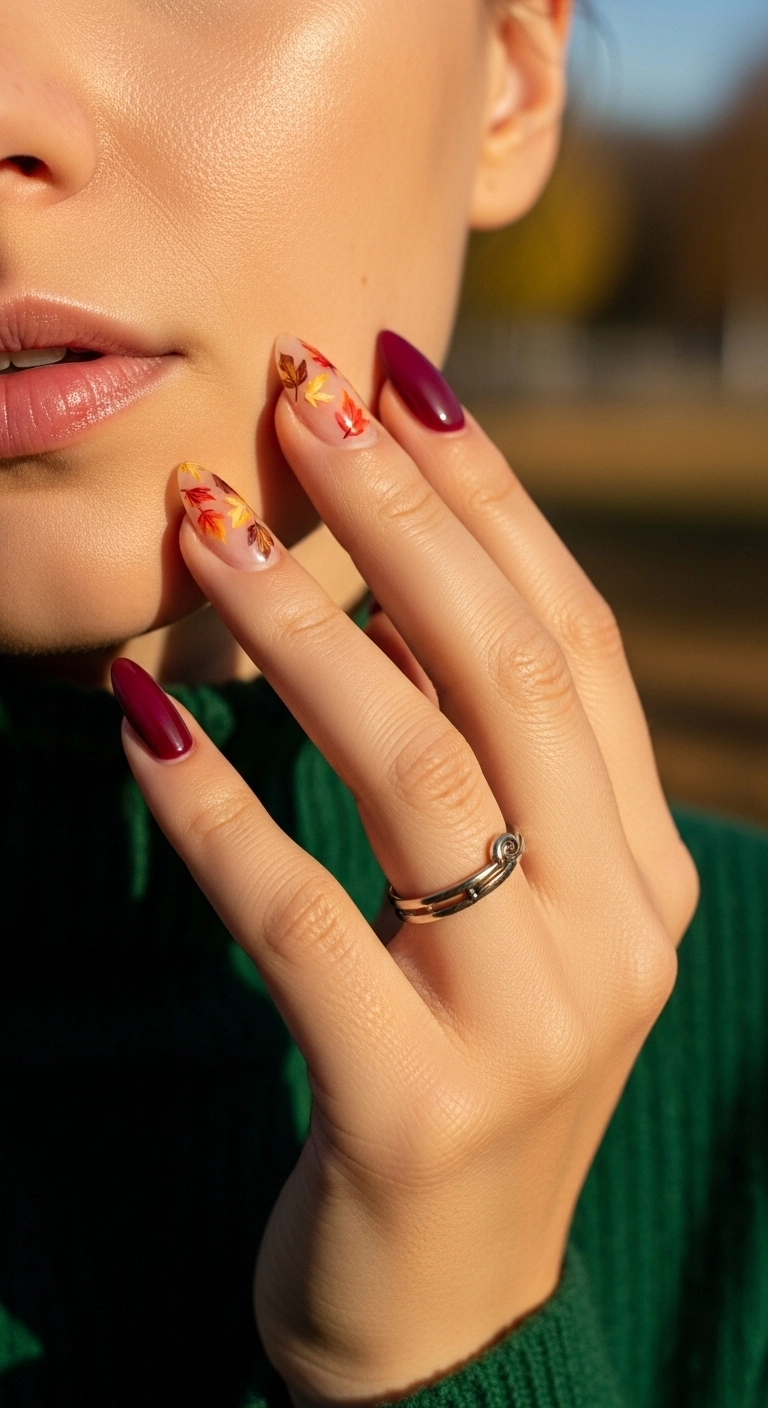 Deep burgundy nails with an accent nail featuring hand-painted autumn leaves.
