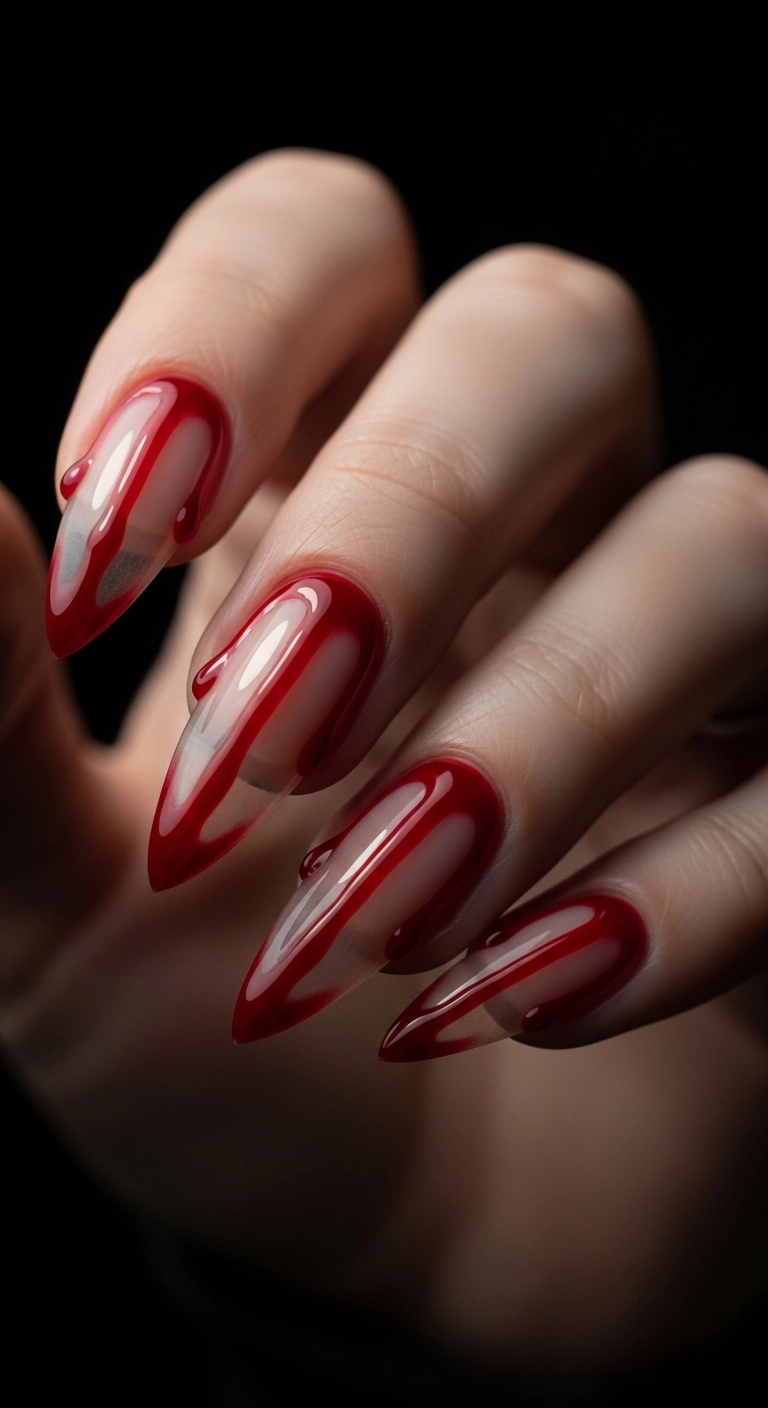 Nude nails with a realistic, glossy red blood drip effect for Halloween.