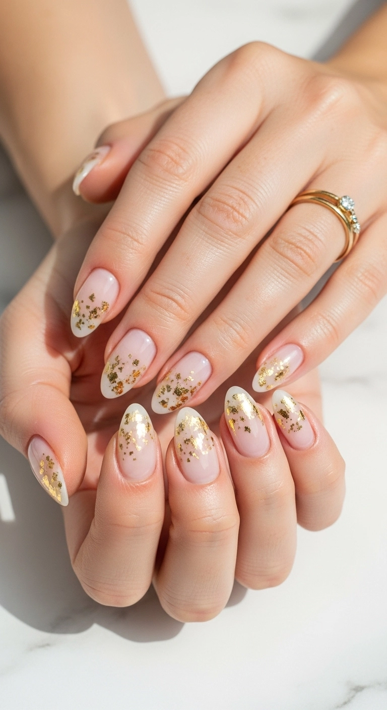 Sheer milky white nails decorated with delicate flecks of gold leaf.
