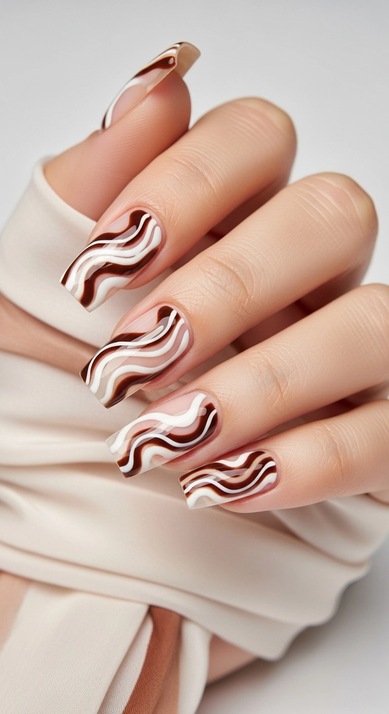 Nude nails with abstract swirls of chocolate brown and creamy white polish.