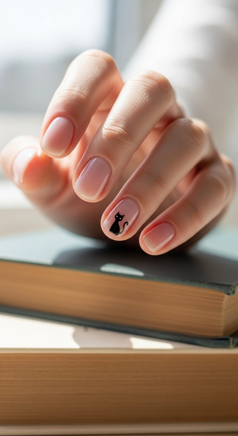 Pale pink nails with a minimalist black cat silhouette on the accent nail.