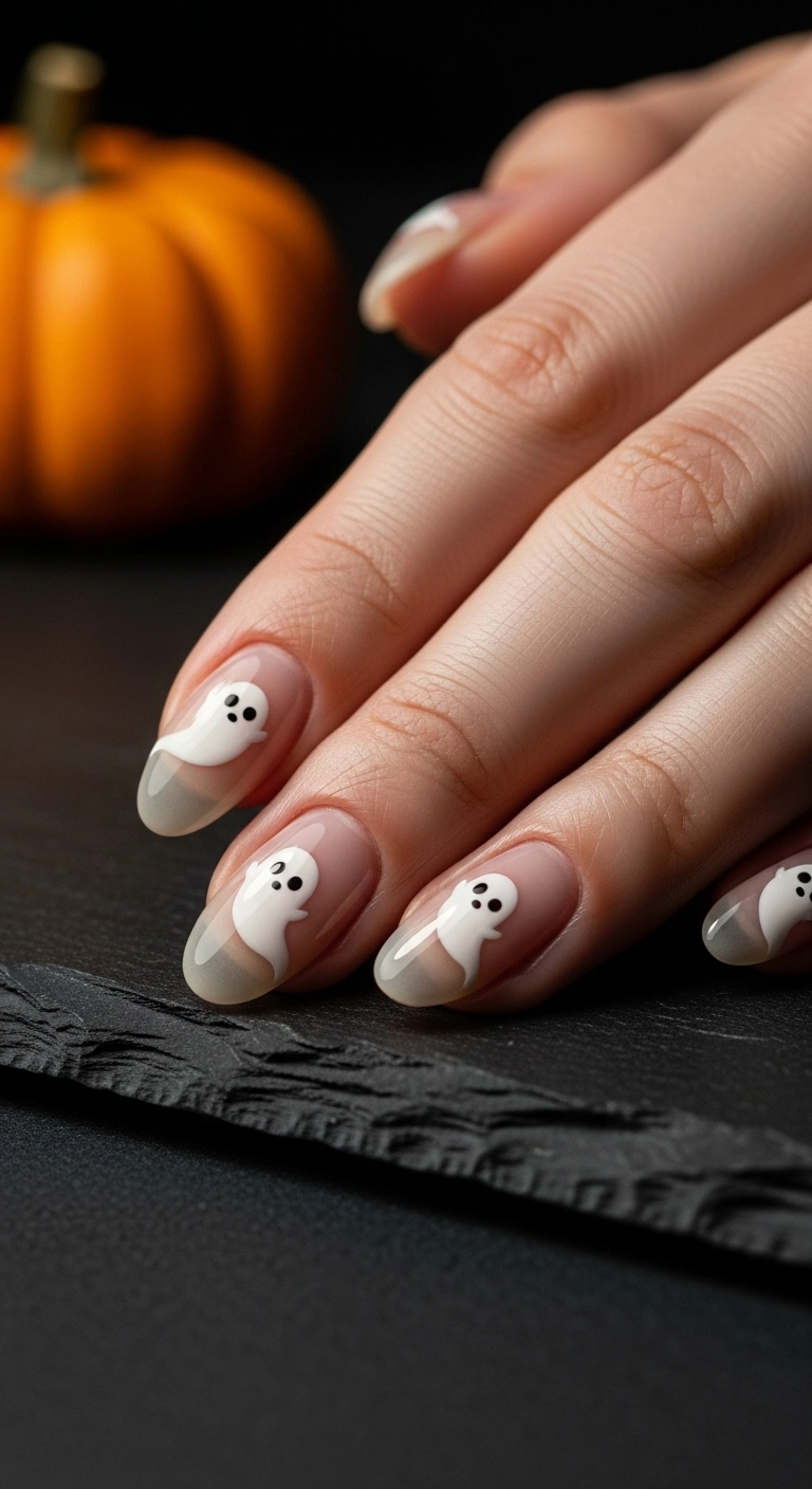 Minimalist nail art featuring cute white ghosts on a sheer nude base.