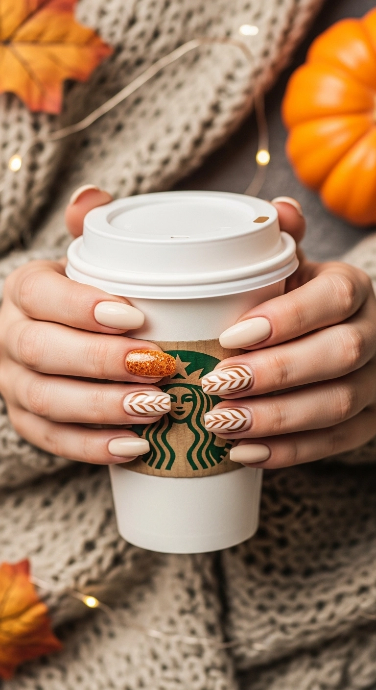 Beige nails with an accent nail featuring latte art swirls and orange glitter.