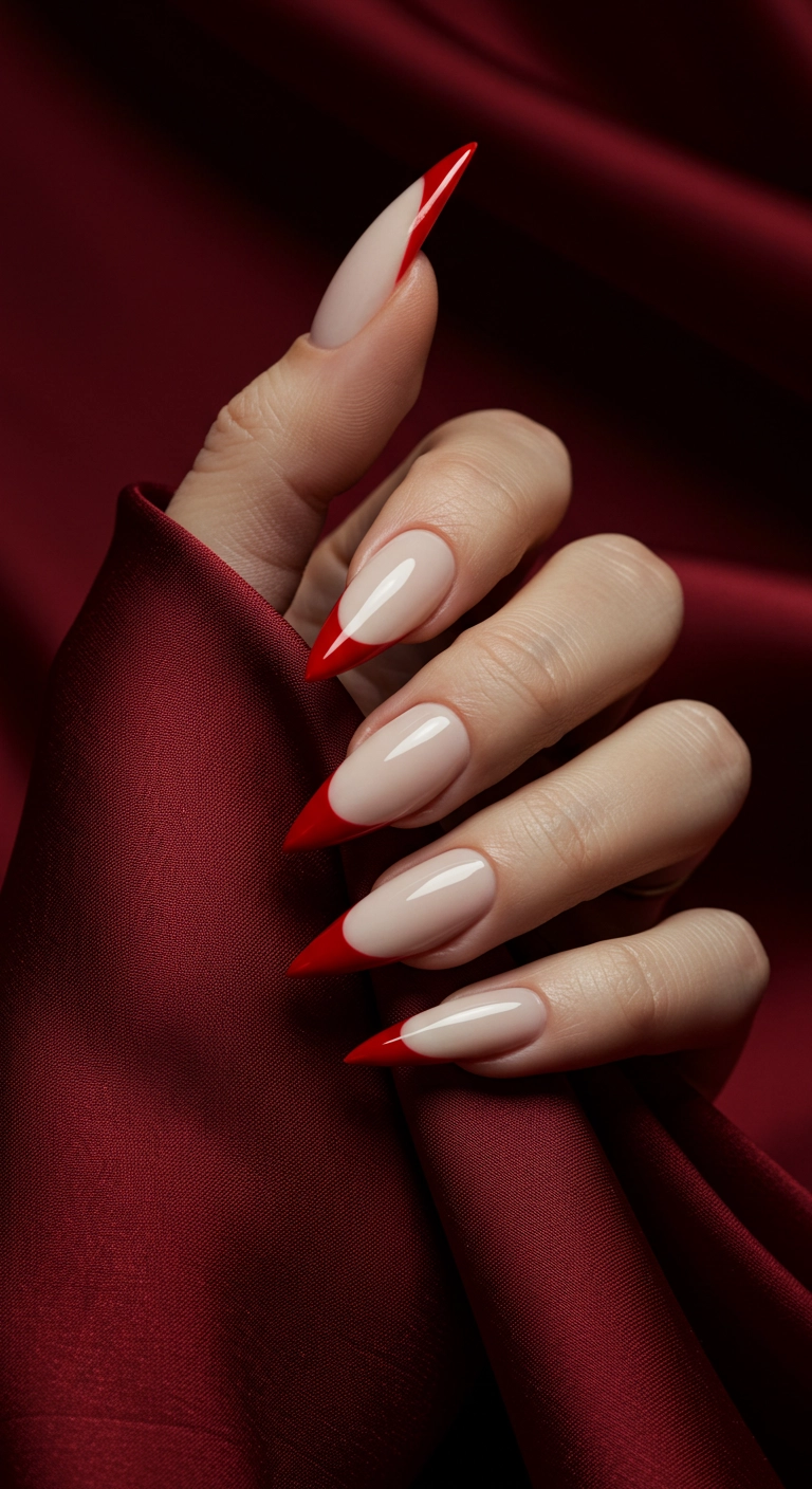 Sharp stiletto nails painted white with glossy red tips to look like vampire fangs.