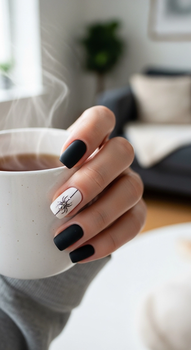Matte black nails with a single accent nail featuring a tiny silver spider design.