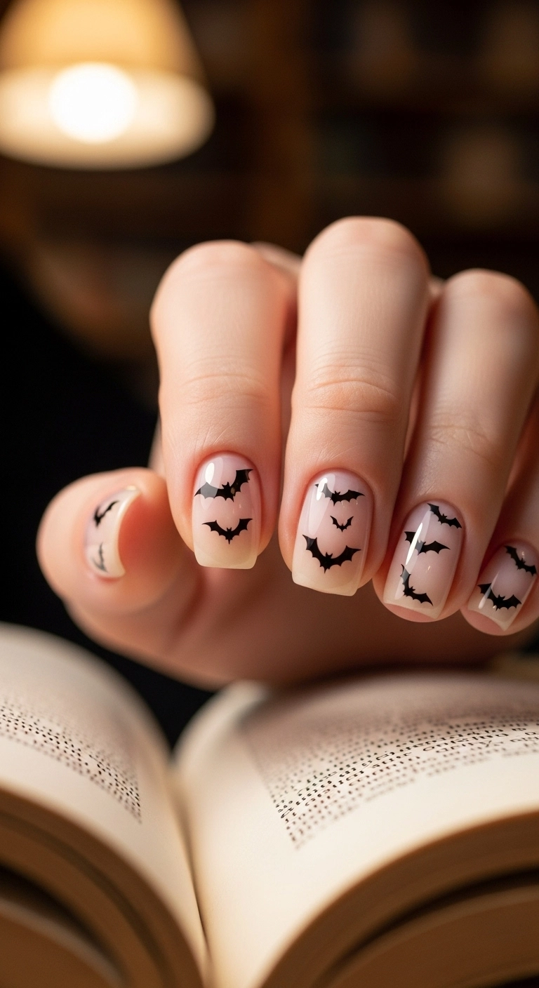Short beige nails decorated with tiny black bat silhouettes.