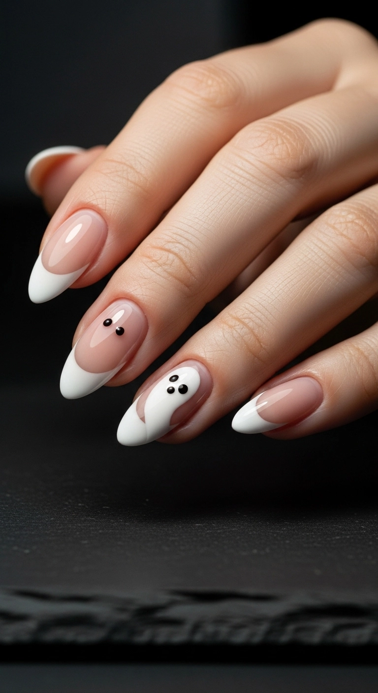 A close-up of almond-shaped nails with a French manicure where the white tips are shaped like cute little ghosts.