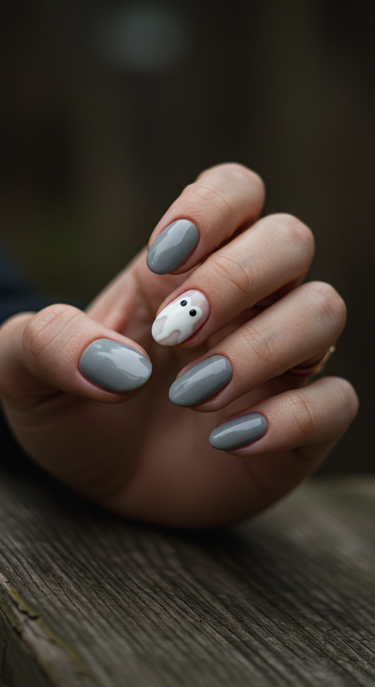 Muted grey nails with an accent nail featuring a faint, see-through ghost design.