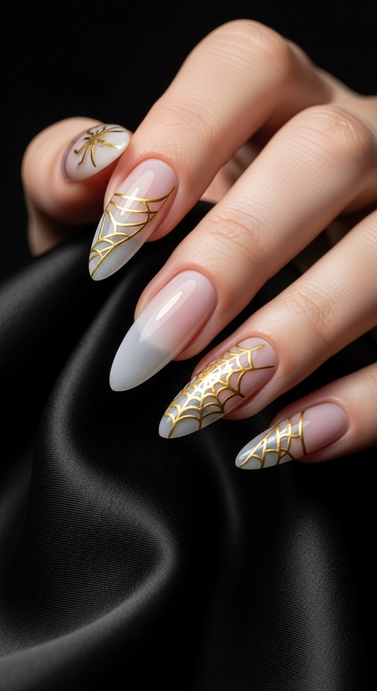 Milky white nails with elegant, fine-lined gold chrome spiderwebs on a few accent nails.