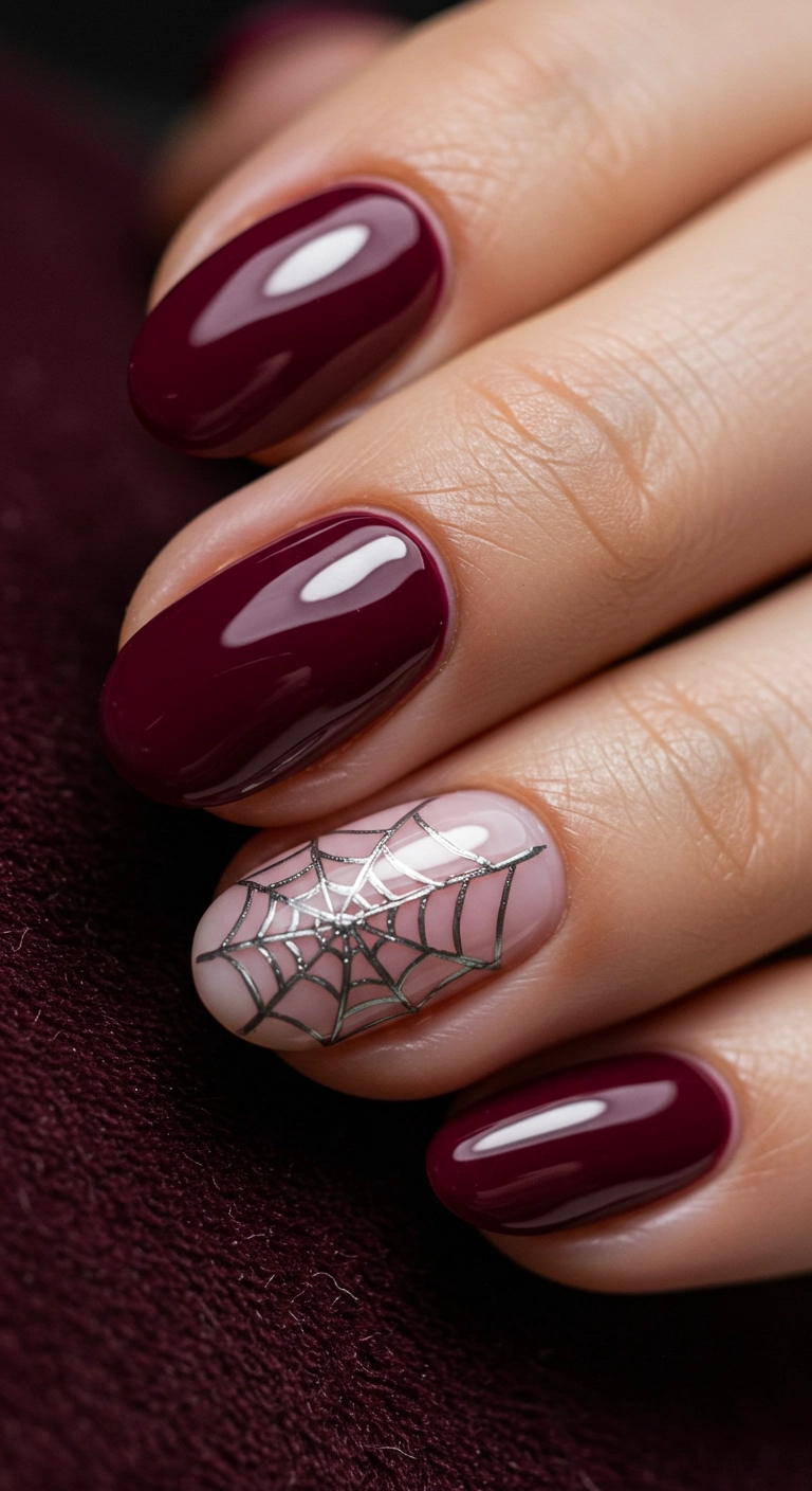 Glossy burgundy nails with one accent nail featuring a delicate silver spiderweb in the corner.
