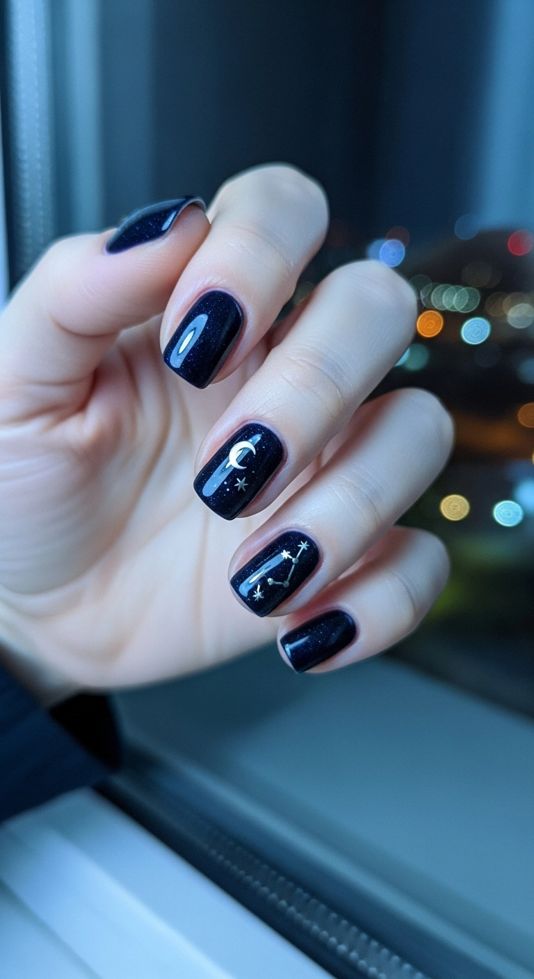 Dark navy blue nails with a silver crescent moon and stars on one accent nail.