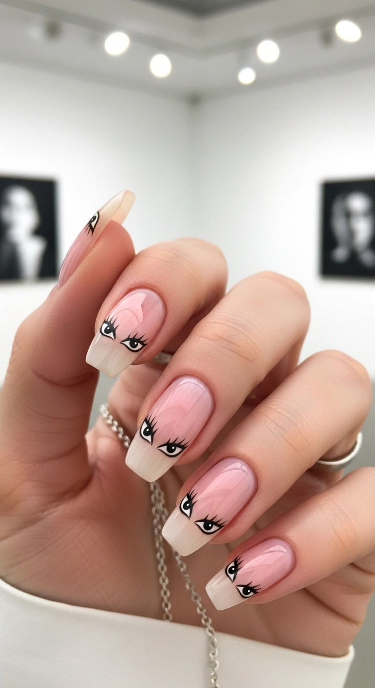 Sheer nude nails with a pair of tiny black cat eyes painted on each nail.