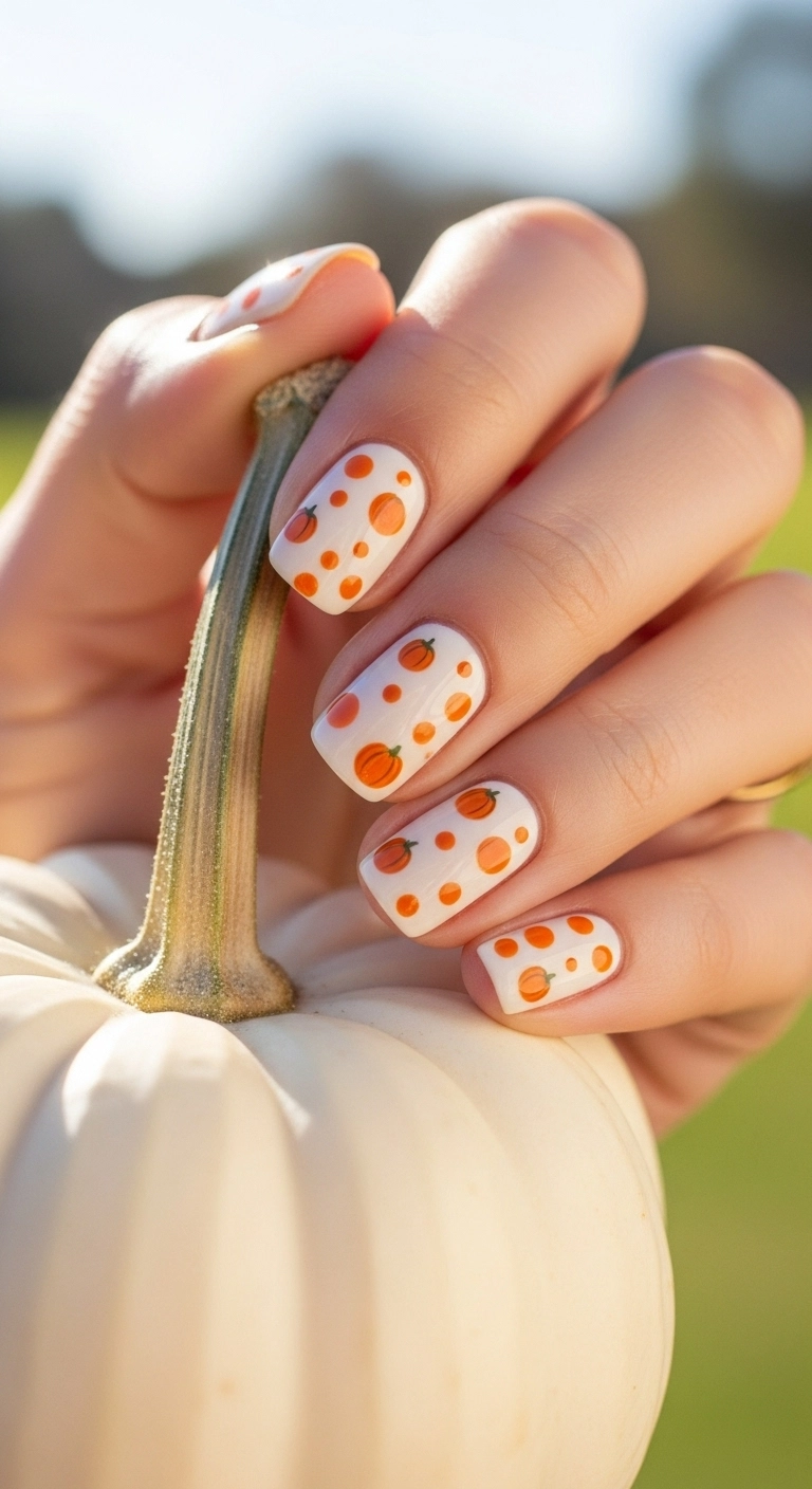 Off-white nails with scattered orange polka dots, giving an abstract pumpkin patch feel.