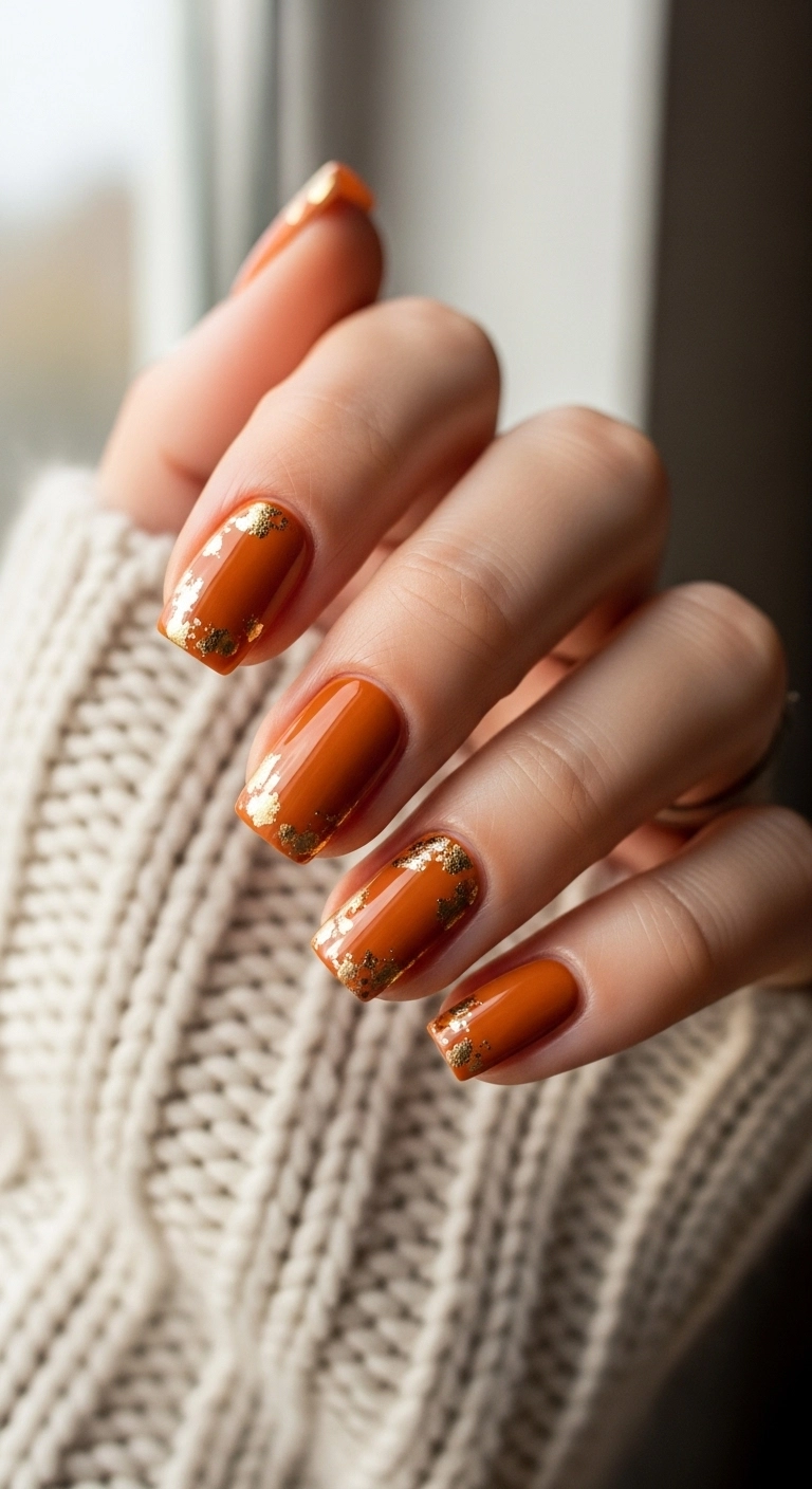 Short square nails in a burnt orange color, with delicate gold foil accents.