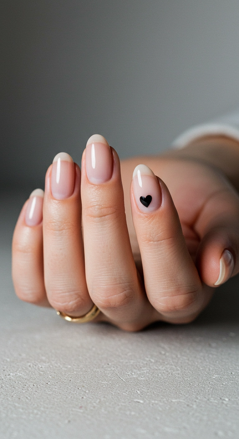 Nude nails with a single tiny black heart painted in the center of one nail.