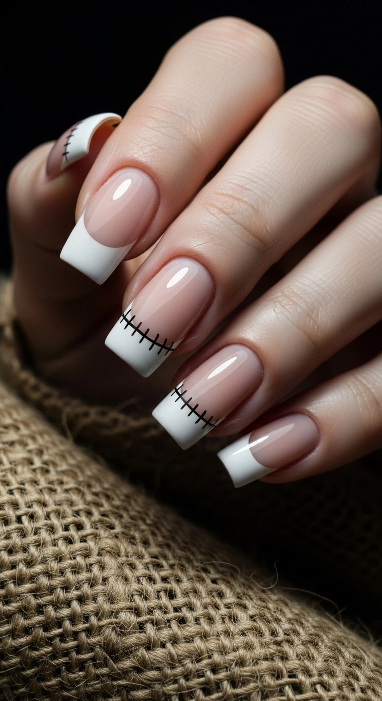 A French manicure with a black line and 