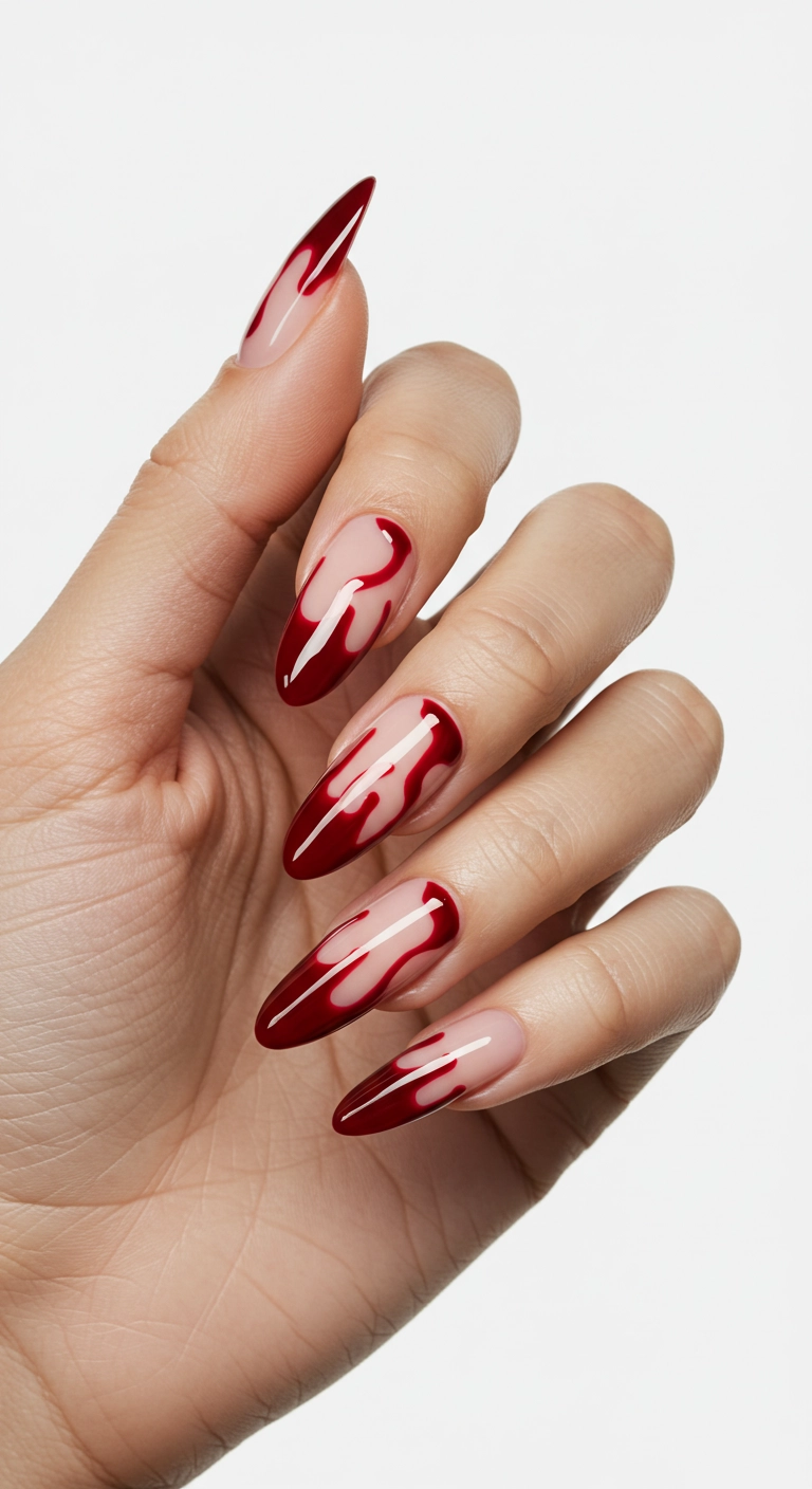 Nude almond nails with realistic red 