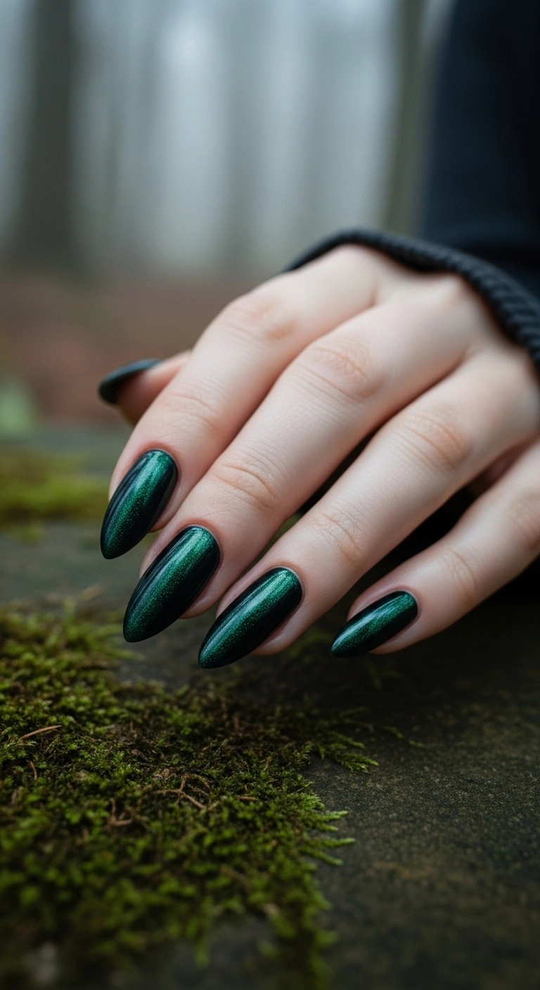 Almond nails with a dark gradient that blends from forest green to black.