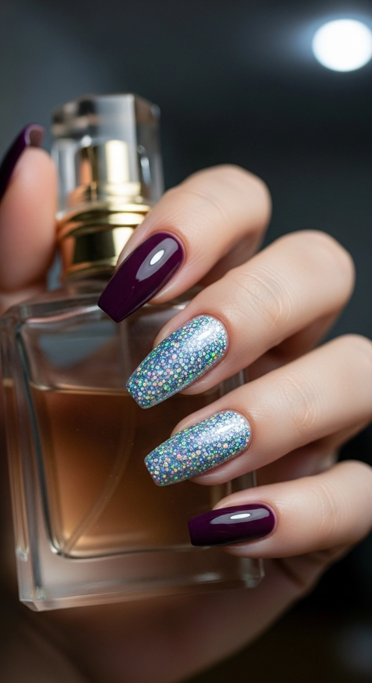 Deep purple nails with a single accent nail covered in holographic glitter, like a potion.