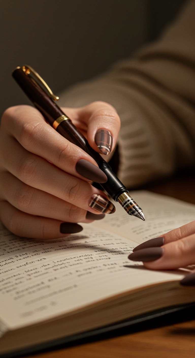 A close-up of almond-shaped nails with a matte dark academia plaid design.