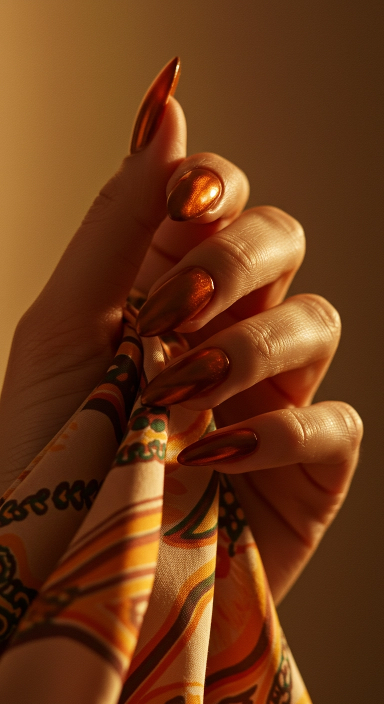 A close-up of a hand with burnt orange velvet-effect nails touching a silk scarf.