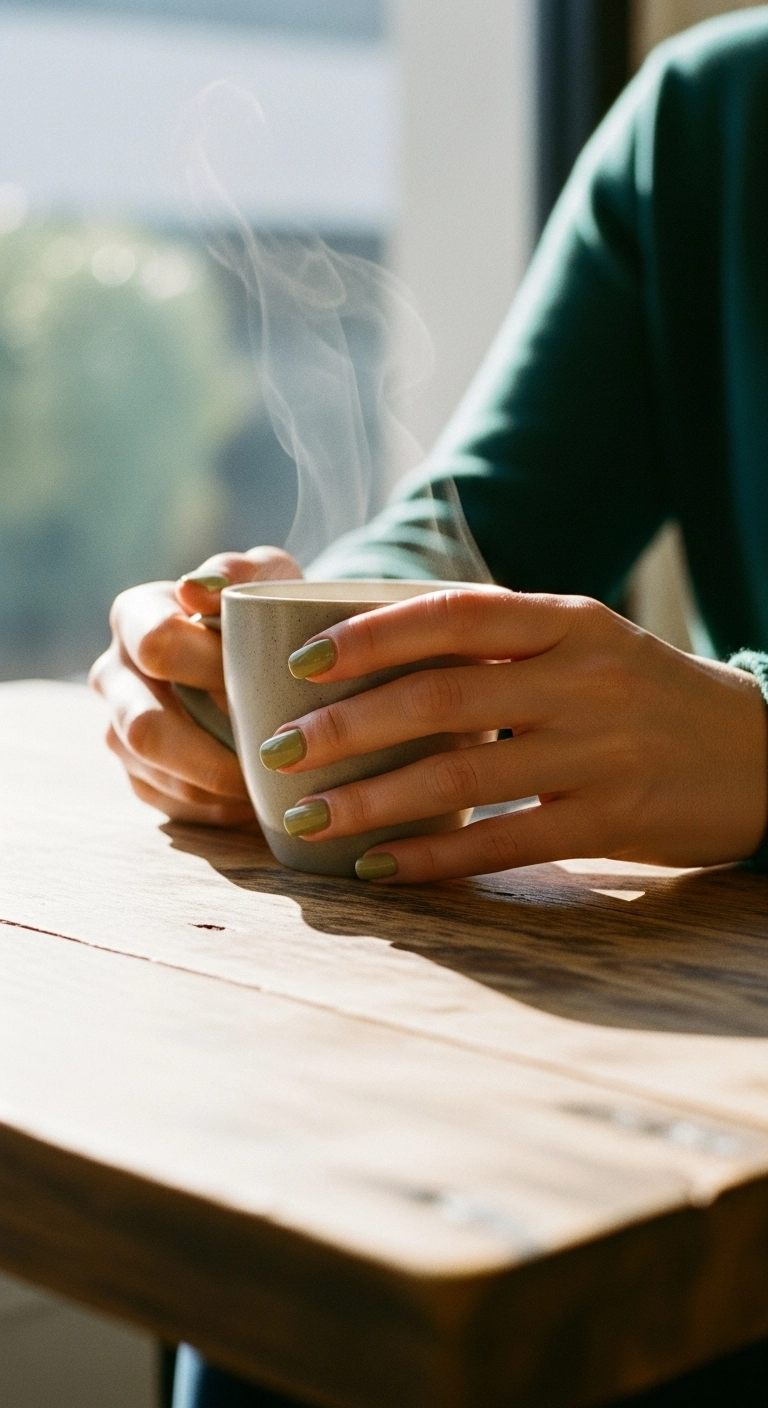 Woman's hands with square-shaped olive green nails holding a ceramic mug on a wooden table.