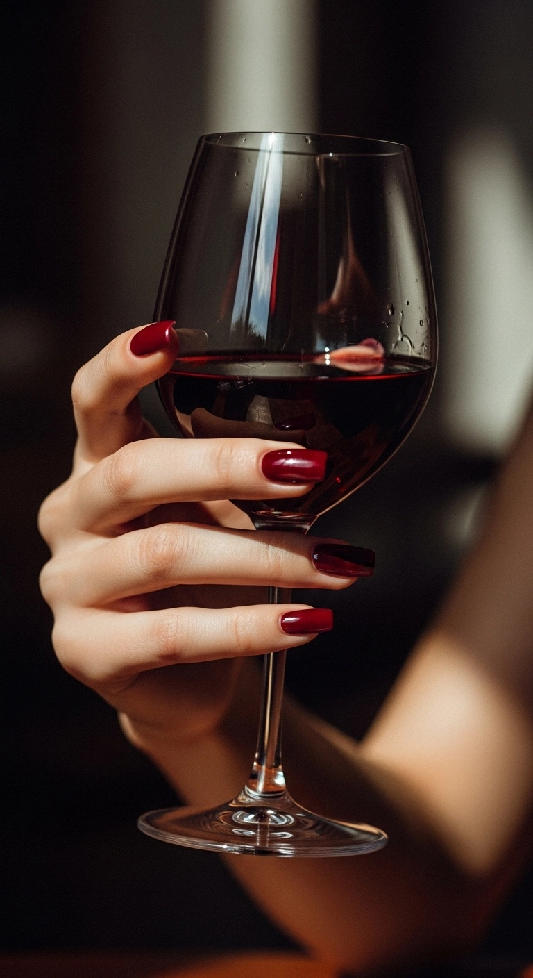 A hand with short, glossy burgundy red nails holding a glass of red wine.