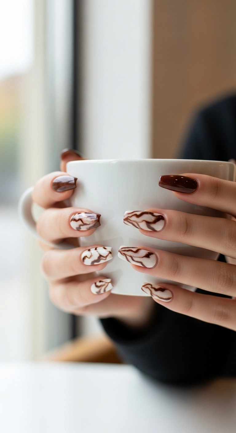 Close-up of long coffin nails with an espresso and cream marble swirl design.