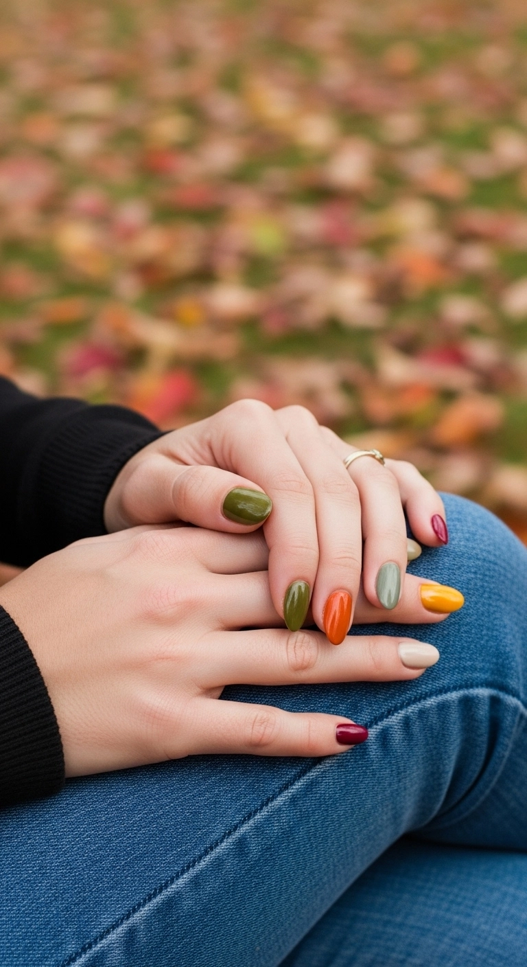 A woman's hands showing a mismatched manicure with five different fall colors.