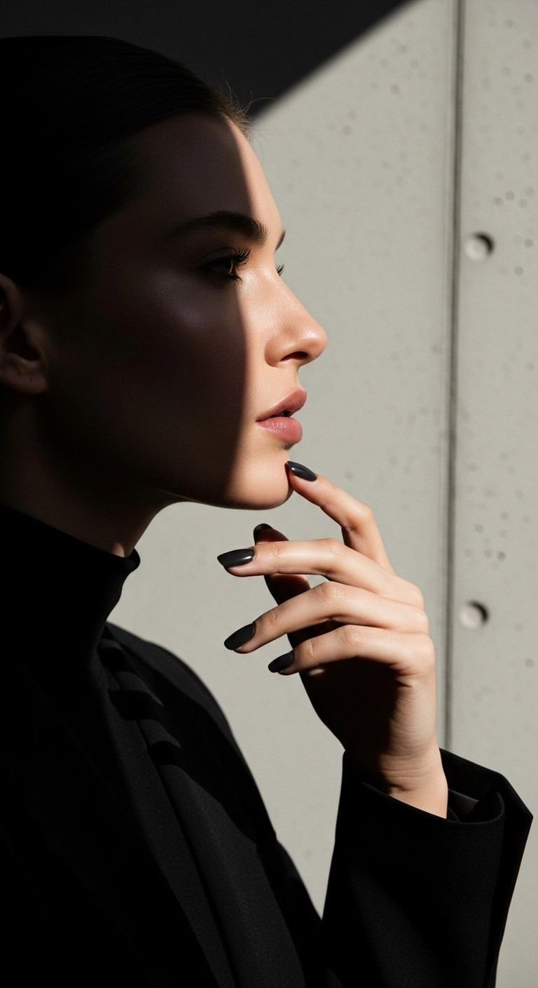 Woman with her hand near her chin, showing off her glossy charcoal gray squoval nails.