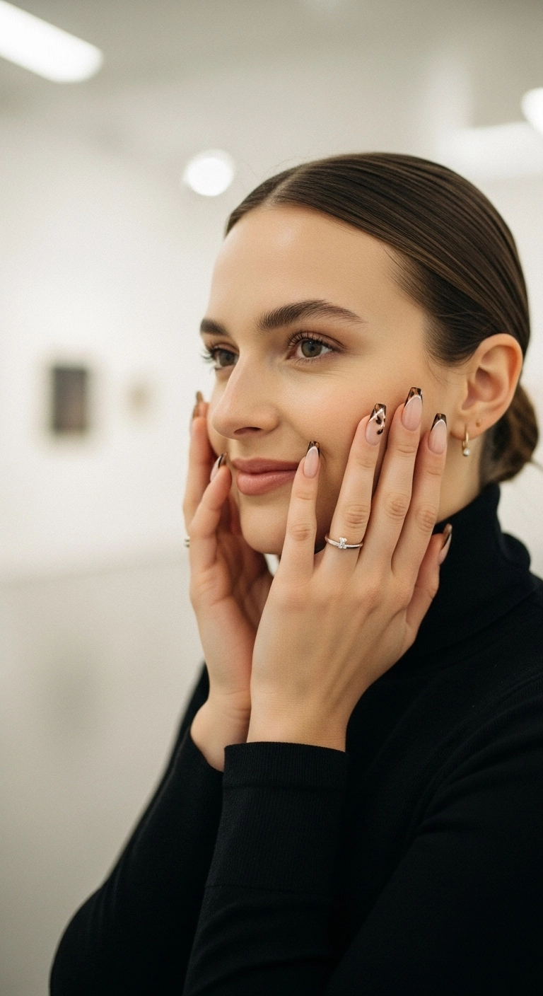 Woman smiling with her hands framing her face, showcasing her tortoiseshell French tip manicure.