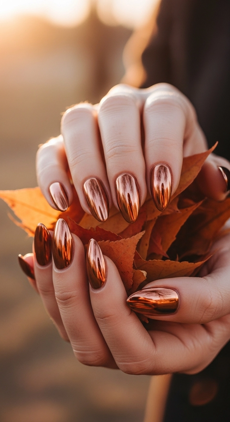 A close-up shot of hands with copper chrome nails holding autumn leaves.