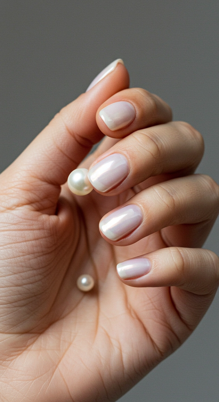 A hand with short, rounded nails with a sheer pearlescent finish holding a white pearl.