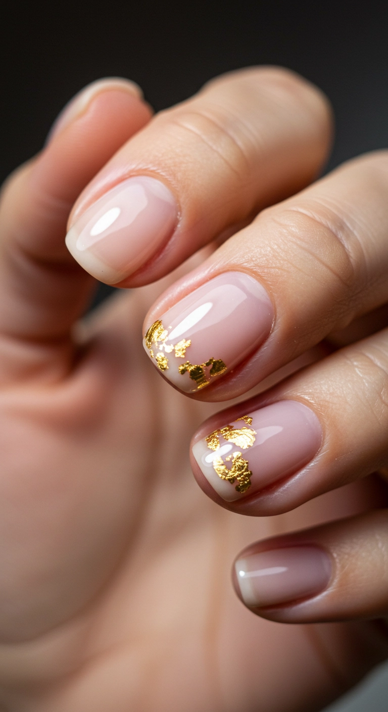 Macro shot of short nude nails with a delicate gold leaf accent on the ring finger.