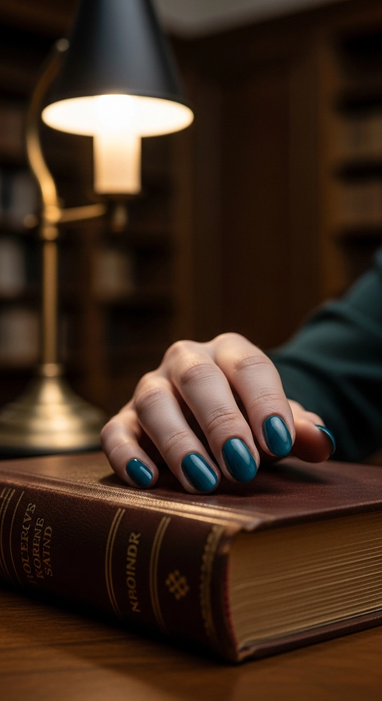 A hand with deep teal blue oval nails resting on a vintage leather-bound book.