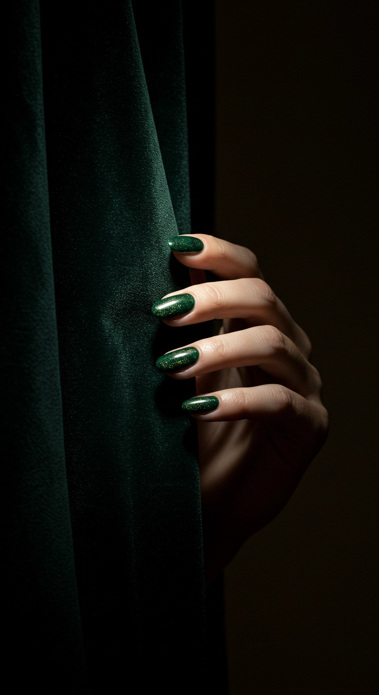 A hand with shimmering forest green oval nails against a dark velvet curtain.