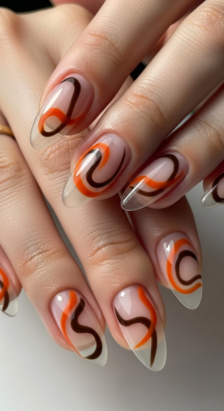 Macro shot of almond nails with a negative space design using burnt orange and brown swirls.